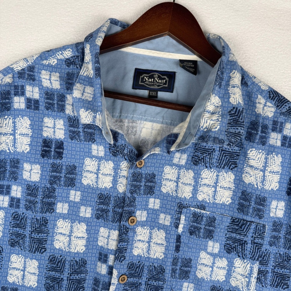 Nat Nast Silk Blend Button Up Shirt Mens XXL Blue Geometric AOP S/S Vacation